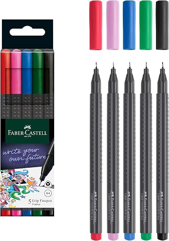 Faber-Castell Grip Finepen İnce Keçe Uçlu Kalem Seti, 5’li, Klasik Renkler, 0.4 mm, Metal Destekli, Ergonomik Üçgen Gövde