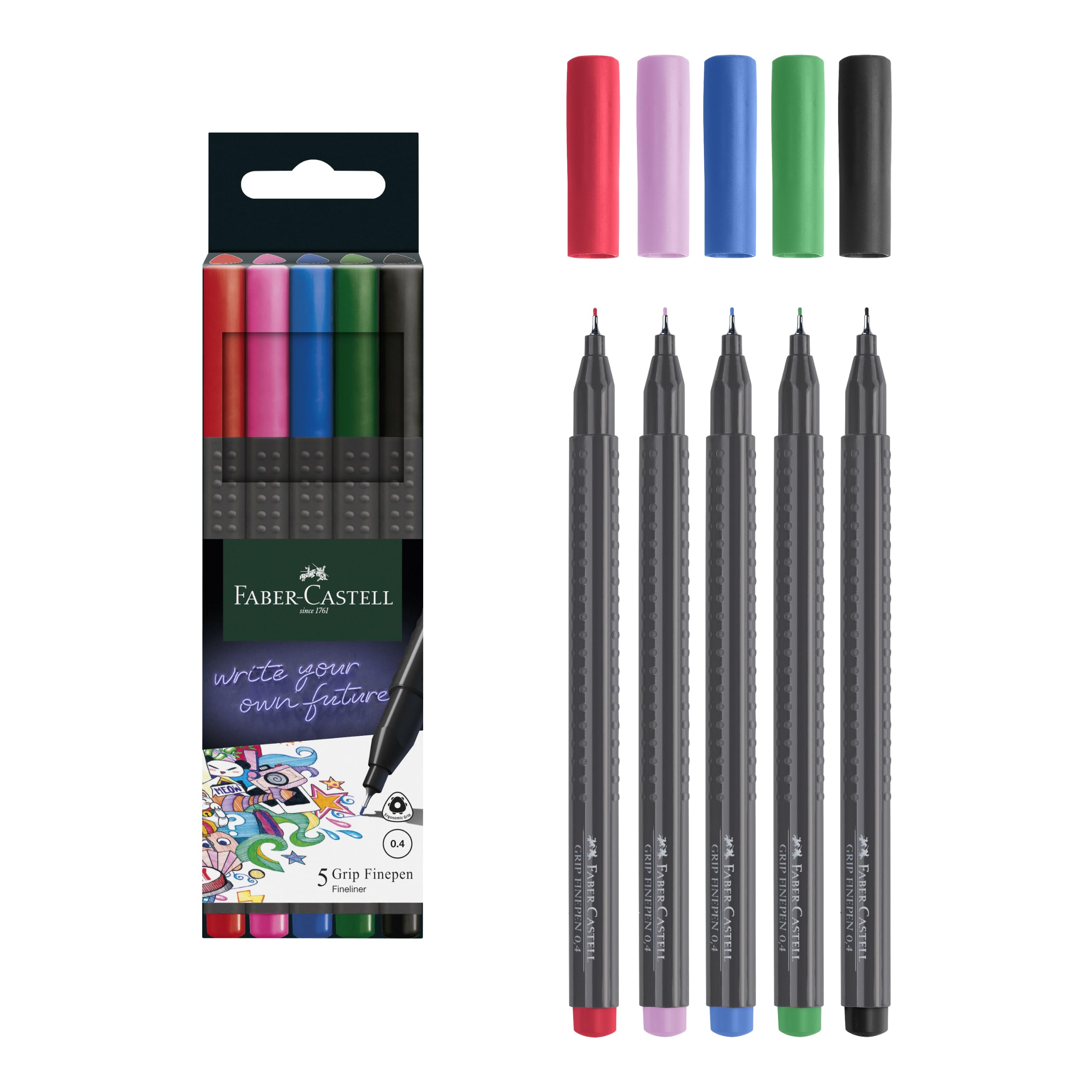 Faber-Castell Grip Finepen İnce Keçe Uçlu Kalem Seti, 5’li, Klasik Renkler, 0.4 mm, Metal Destekli, Ergonomik Üçgen Gövde