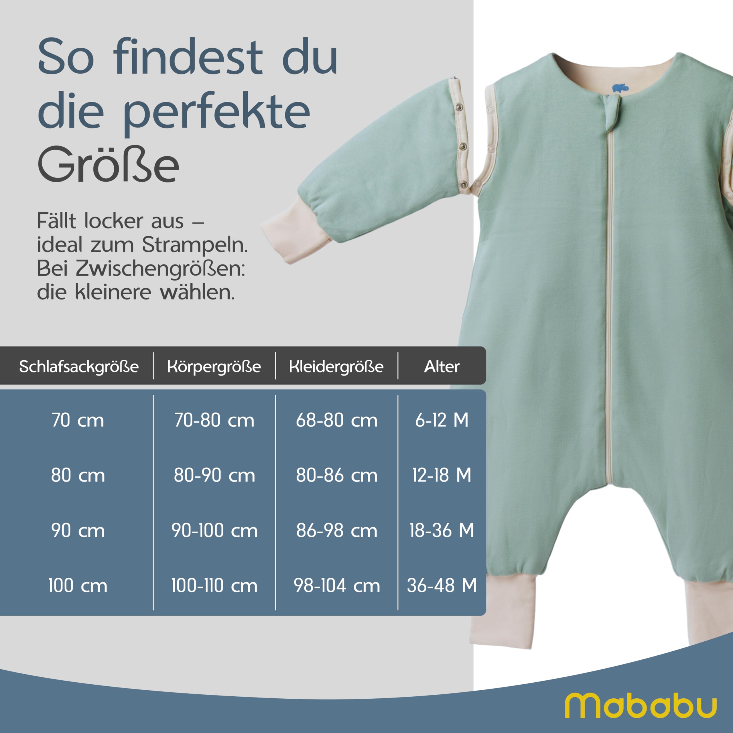 Saco de dormir para bebé con pies 0,5 TOG – Verano y entretiempo – 100% algodón orgánico GOTS – Saco de dormir para bebé con mangas desmontables y puños plegables (Verde mar, 104/110)