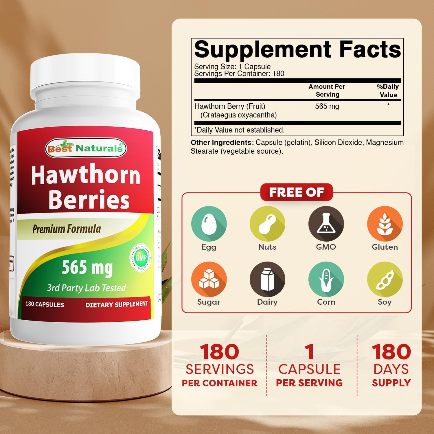 Best Naturals Hawthorn Berry 565 mg 180 Capsules (180 Count (Pack of 3))