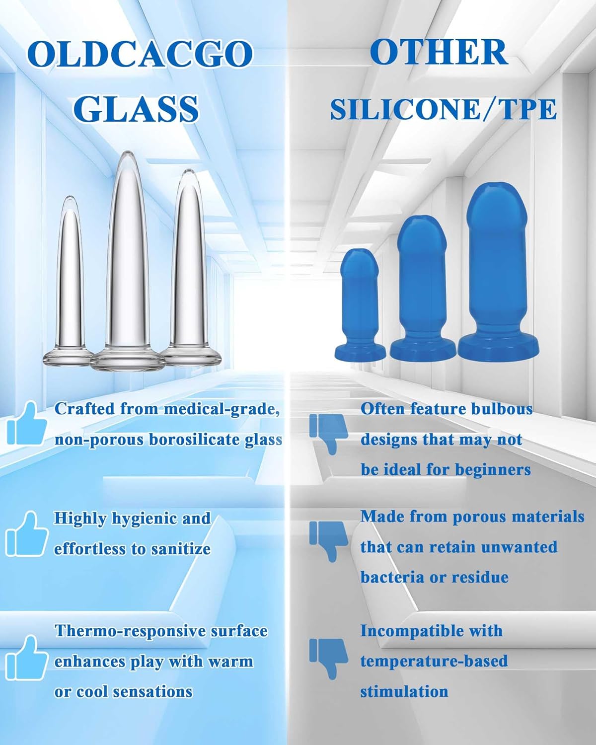 Glass Anal Dilator Set - Trainer Graduated 3-Size Kit - Crystal Clear Glass Butt Plug for Anal Dilation and Training