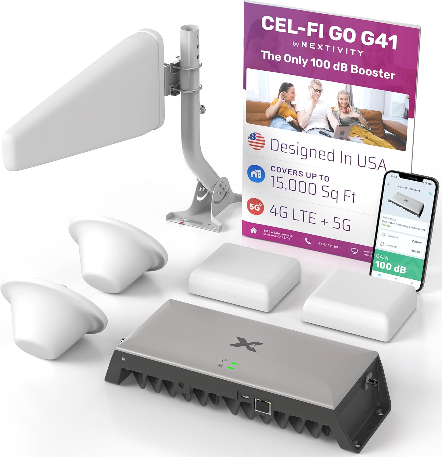 CEL-FI GO G41 Cell Phone Booster for Home 4G, 5G, AT&T, Verizon & T-Mobile Up to 15,000 Sq Ft Coverage 100 dB Cell Phone Signal Booster FCC Approved (2X Antenna with Grid)