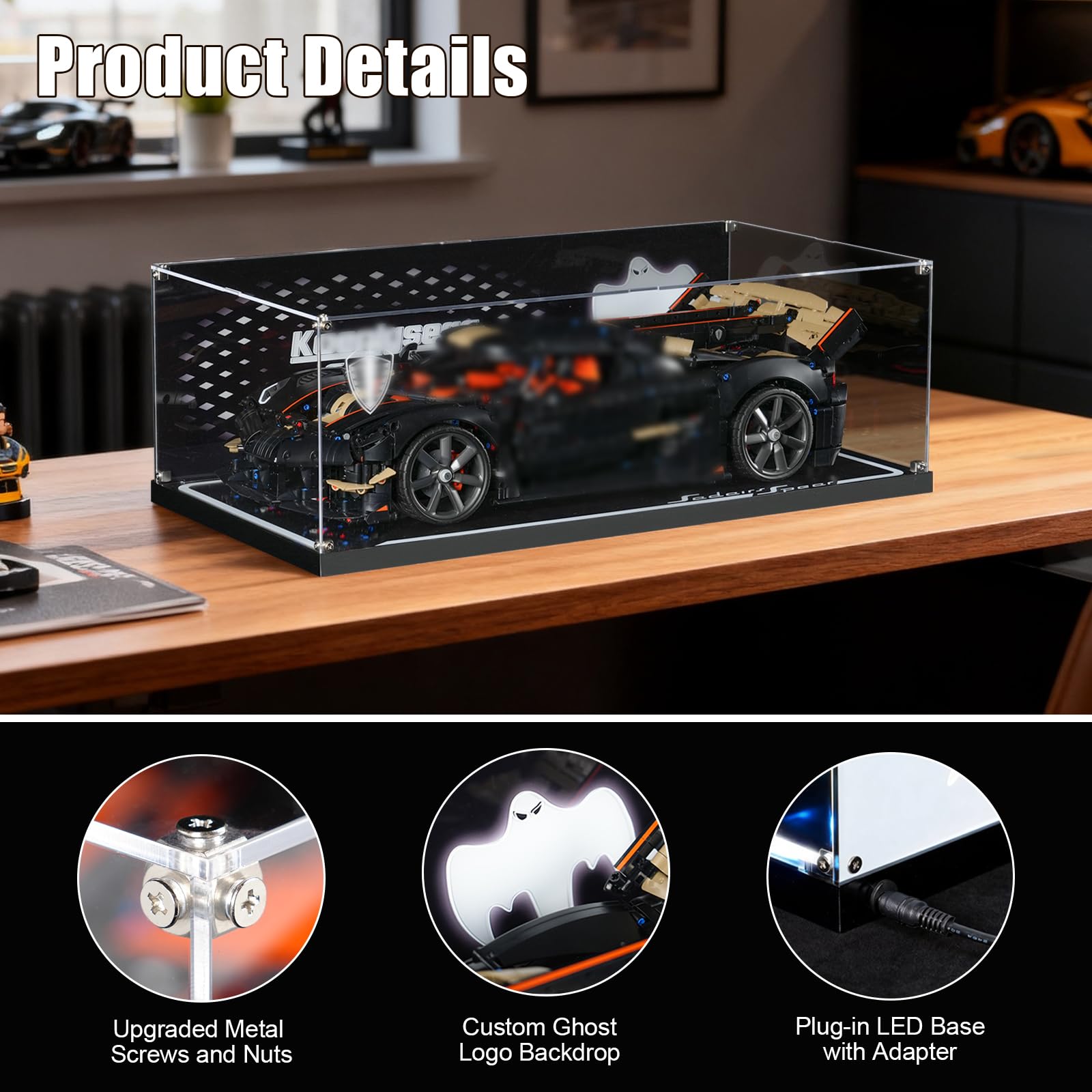 Vitrina acrílica LED compatible con Lego Technic Koenigsegg Sadair Spear Megacar 42232 modelo de coche, escaparate a prueba de polvo con adaptador de corriente, regalo ideal coleccionable (no incluye