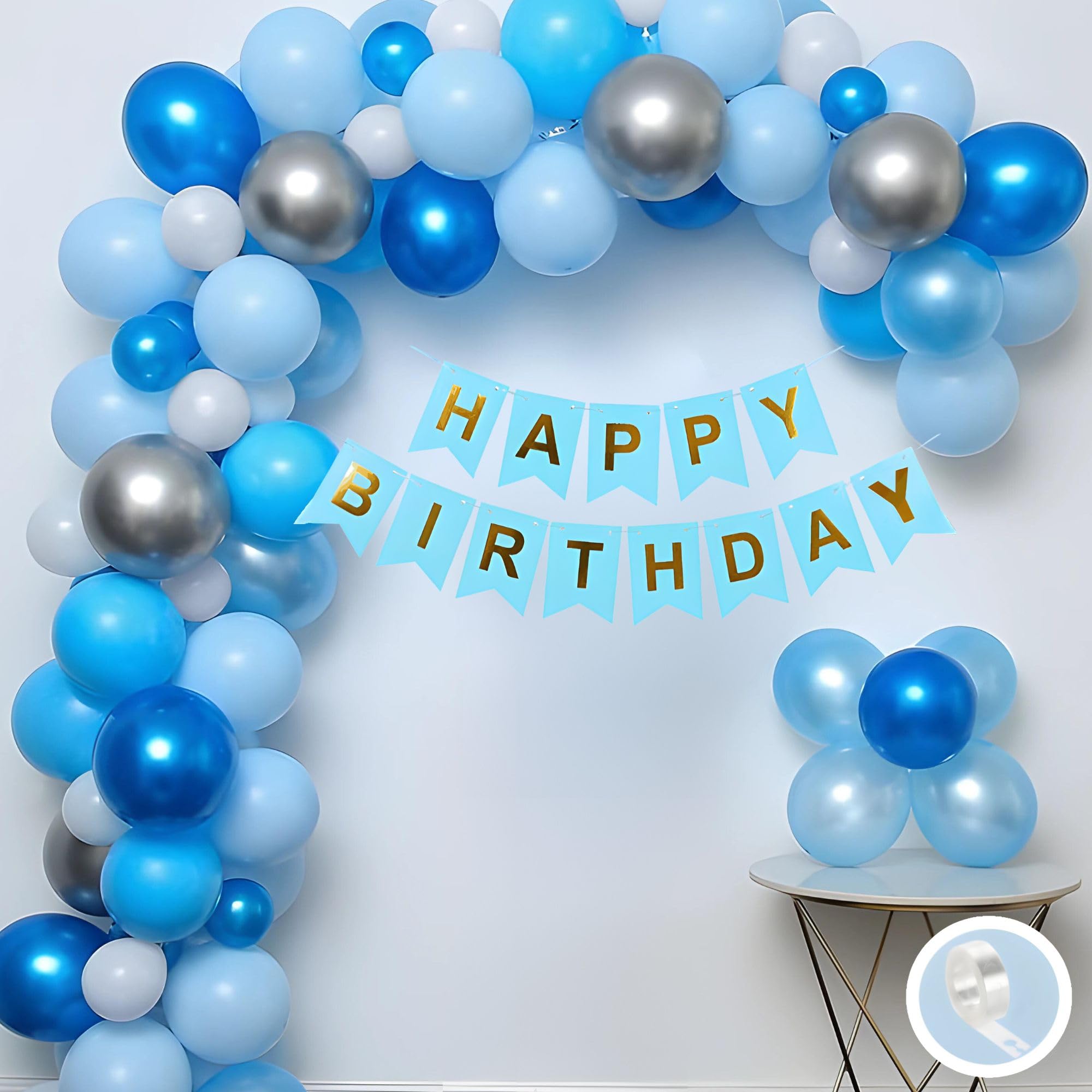 Flyloons Birthday Decoration Items Blue and White Theme Combination for Boys Girls Men Women Kids | 30 Pcs Blue White Silver Color Balloons | Blue Happy Birthday Paper Banner | Arch Tape-image-36