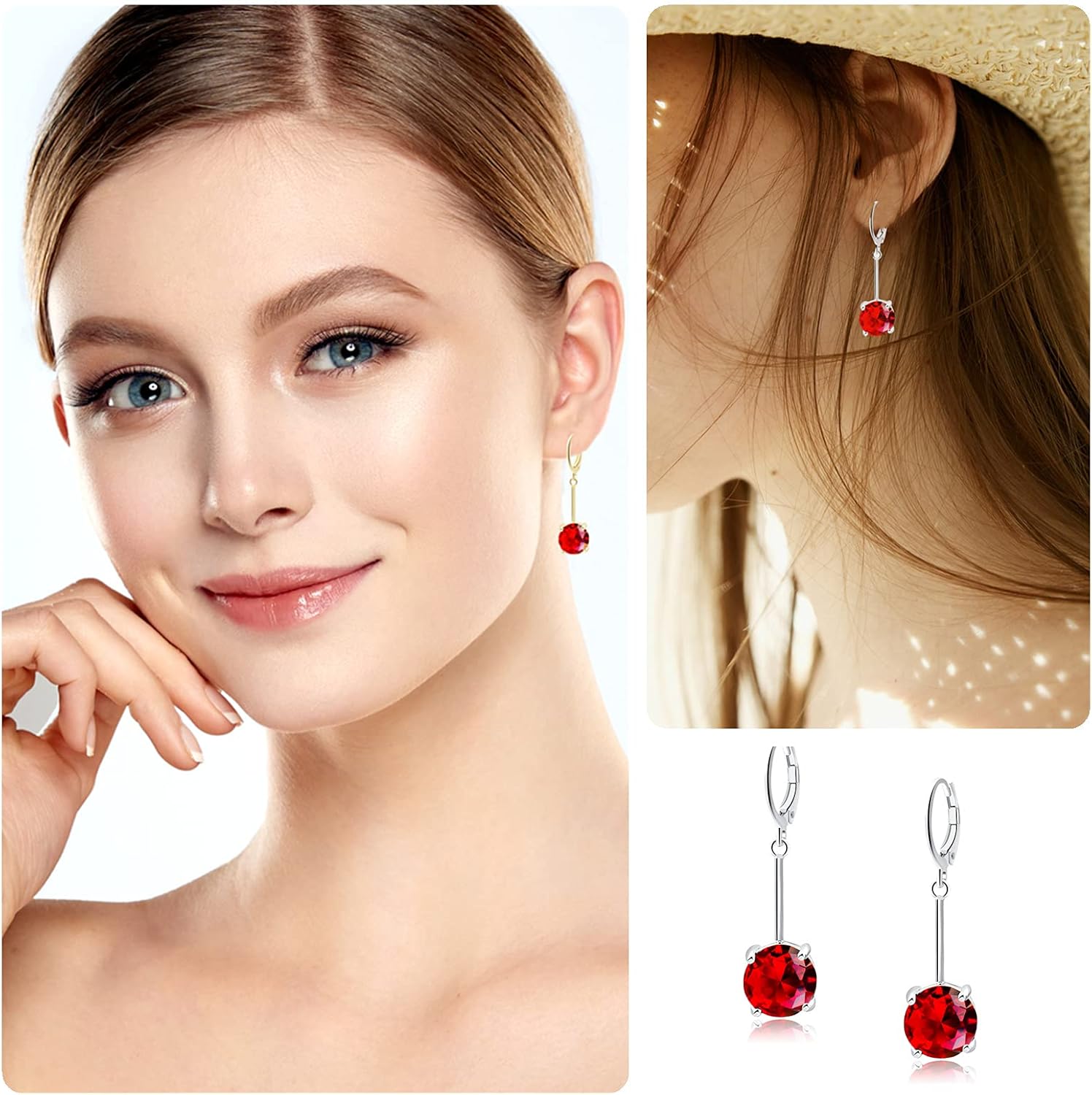VONSSY Gemstone Drop Dangle Earrings | Platinum/Gold Plated Leverback Crystal Cubic Zirconia Hanging Red/Pink/Blue Earrings - Image 5