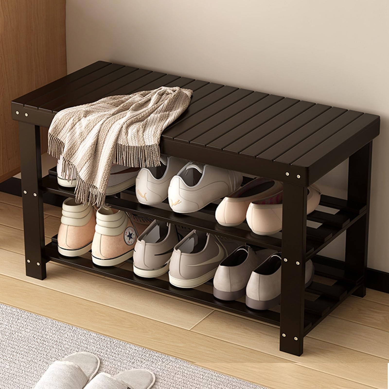 Banc à chaussures entrée en bois massif noir pour couloir et salon