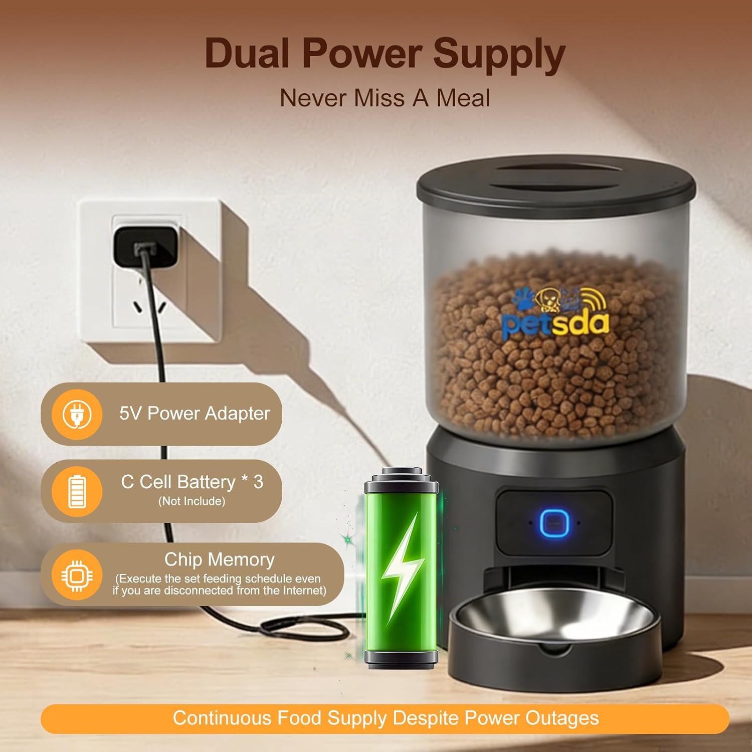 Automatic Cat Feeders 4L Timed Dry Food Dispenser WiFi 10 Meals Programmable 1-12 Portion Per Day with APP Control Dual Power Supply with Stainless Bowl for Multi-Pet Easy Clean