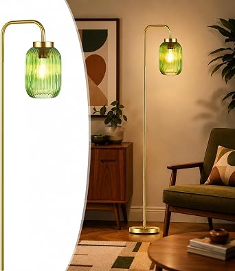 Mid Century Modern Gold Floor Lamp with Green Ribbed Glass Shade, Foot Switch, Vintage Standing Lamp for Bedroom, Living Room, Office Bulb Not Included
