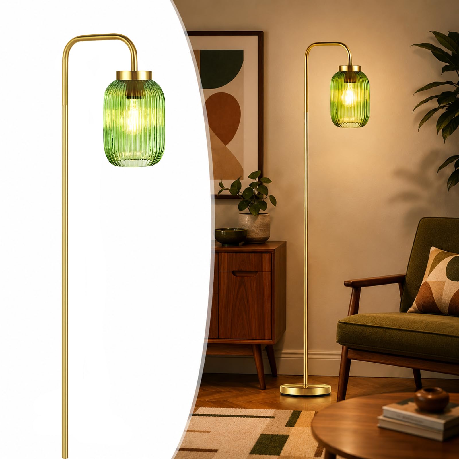 Mid Century Modern Gold Floor Lamp with Ribbed Green Glass Shade