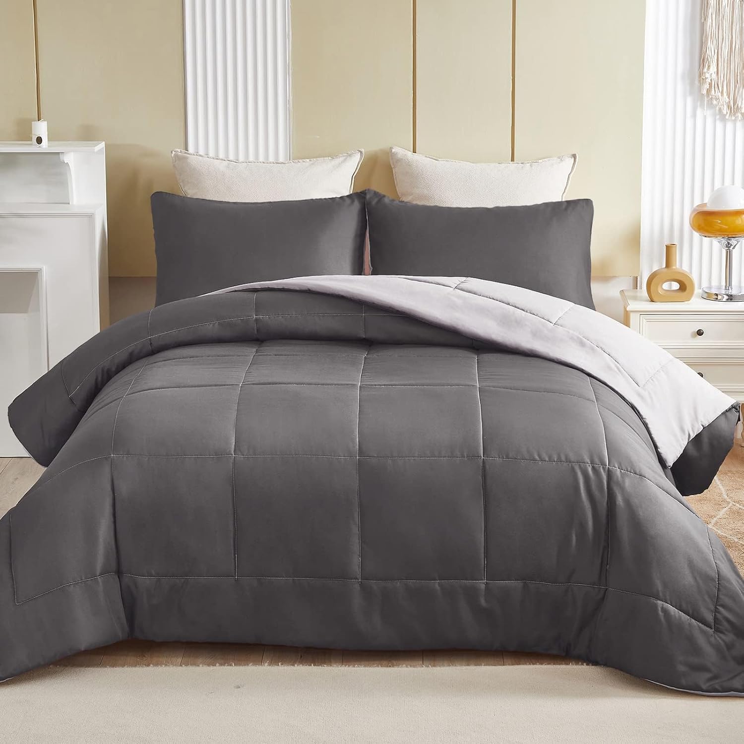 Exclusivo Mezcla Lightweight Reversible Twin Size Comforter Set, Down Alternative Comforter with 1 Pillow Sham, Twin Size Bedding Set for All Seasons, Grey - Image 2