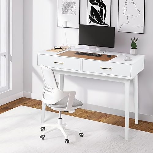 Miniatura 3 de Escritorio pequeño blanco con 2 cajones, escritorio moderno para espacios pequeños, escritorio de oficina en casa para estudio, escritorio de