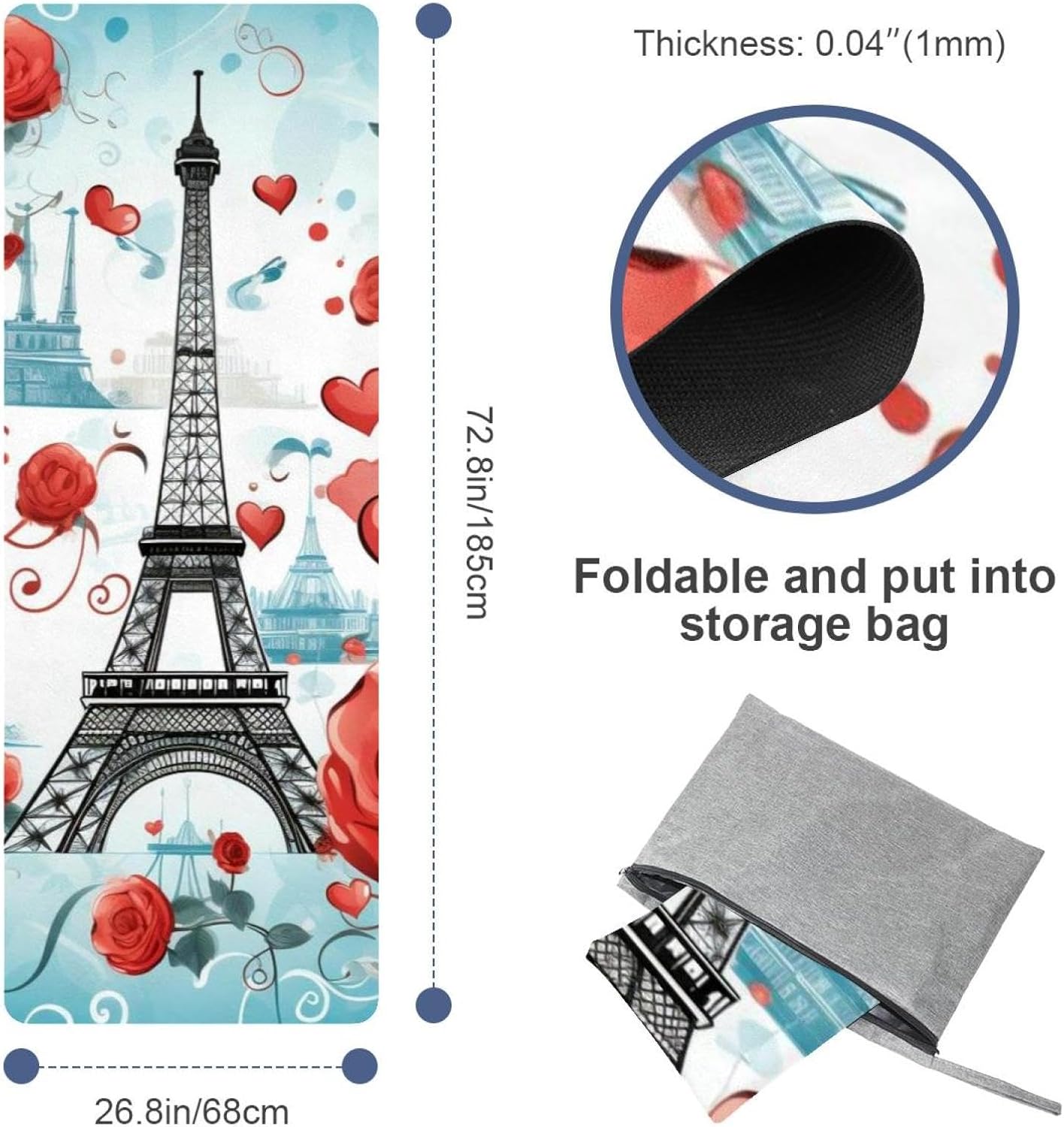 Yoga Towel, Eiffel Tower Valentine's Day Pattern Non Slip Sweat Absorbent Hot Yoga Mat Towel for Hot Yoga, Pilates and Fitness - 72.8" x 26.8"