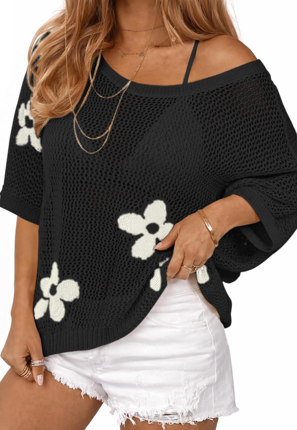ATHMILE Womens Floral Spring Tops Summer Fashion Shirts Short Sleeve Beach Vacation Crochet Knit Sweater Lightweight Pullover