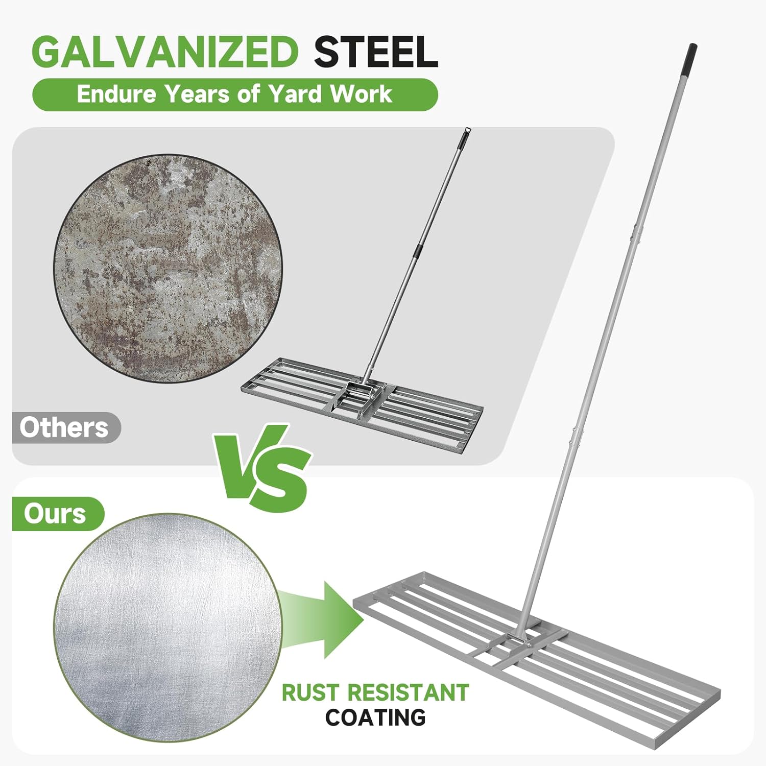 Lawn Leveling Rake – Heavy-Duty Galvanized Steel Yard Leveling Rake with Adjustable 48x12 Inch Rack Head & Extendable 52-78 Inch Handle, Rust-Resistant, All-Welded, Gloves Included