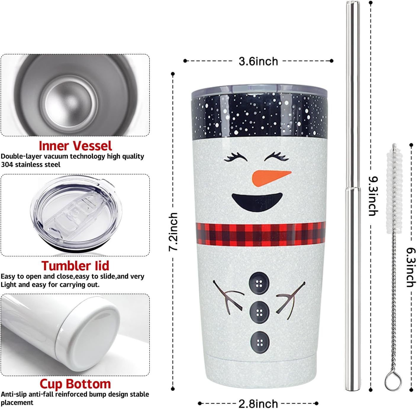 Merry Christmas Insulated Tumbler with Lids and Straws Snowman Stainless Steel Cup for New Year Holiday Xmas Christmas Funny Travel Mug Gifts 20 OZ - Image 2