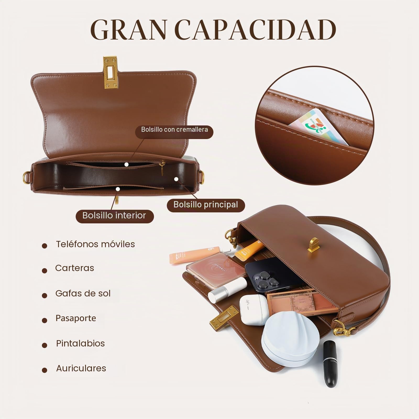 Bolso de hombro para mujer, bolso cruzado de piel auténtica con correas ajustables extraíbles