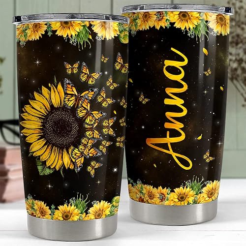 Miniatura 2 de Vaso de mariposa personalizado con diseño de girasol, 20 onzas, 30 onzas, con tapa, regalo para mujeres, niñas, mejores amigas, mamá, madre,