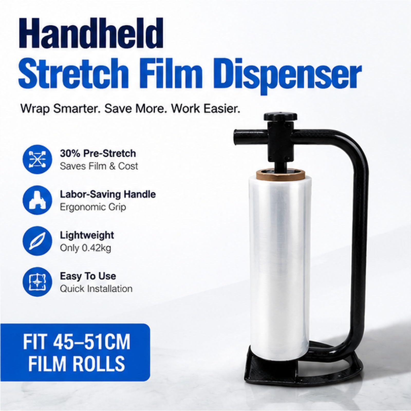 Distributeur de film étirable portatif, convient aux rouleaux de film de 45 à 51 cm