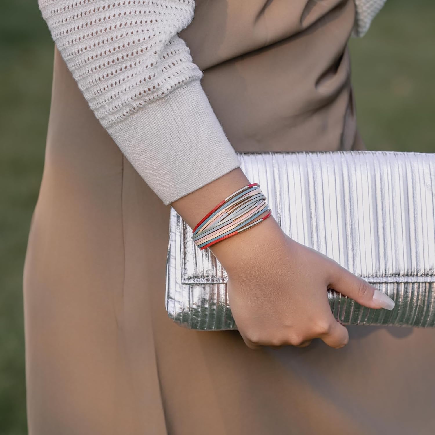 FANCY SHINY Boho Leather Bangle Bracelets Stackable Noodle Tube Bracelets Layered Wrap Cuff Bracelets with Magnetic Clasp - Image 3