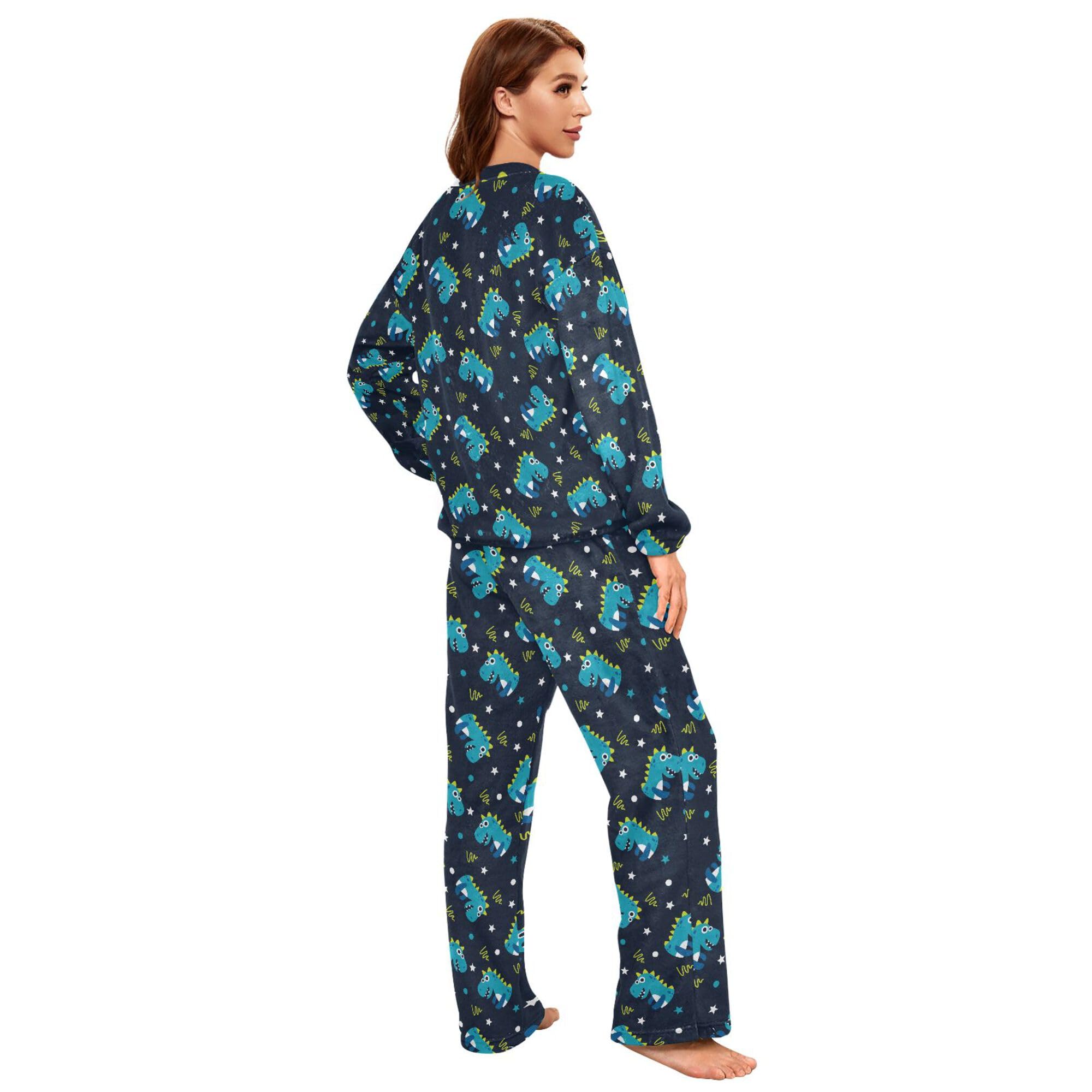 ALAZA Conjunto de pijama de forro polar para mujer, diseño de dinosaurio, manga larga, ropa de dormir de dos piezas, ropa de dormir térmica, pijama súper suave, talla S