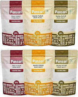 Pansari Multi Millet Flour Combo Pack of Finger Millet, Maize, Pearl Millet, Finger Millet, 100% Natural with High Vitamins & Iron Content Rich in Dietry Fibers with No Preservative & Glutten Free (17.6 Oz, Pack of 6)