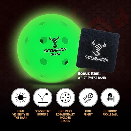 Miniatura 2 de SCORPION Paquete de 3 bolas de pickleball que brillan en la oscuridad, pelotas de pickleball para exteriores True Flight - Pelotas deportivas