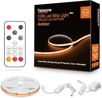 Tatazone 32.8ft 1800K COB Led Strip Lights with RF Remote, Dimmable Bright Adhesive Indoor Amber Led COB Light Strip for Cabinet, Painting, Room, Bed