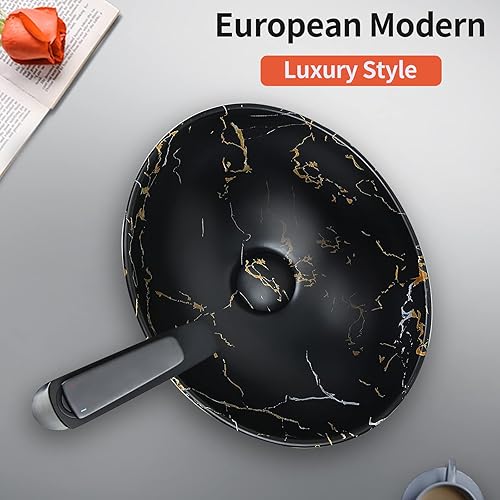 Miniatura 9 de Davivy Fregadero ovalado negro mate de 16 x 13.2 pulgadas con drenaje desplegable, fregaderos de baño, lavabos de baño sobre encimera, fregadero de