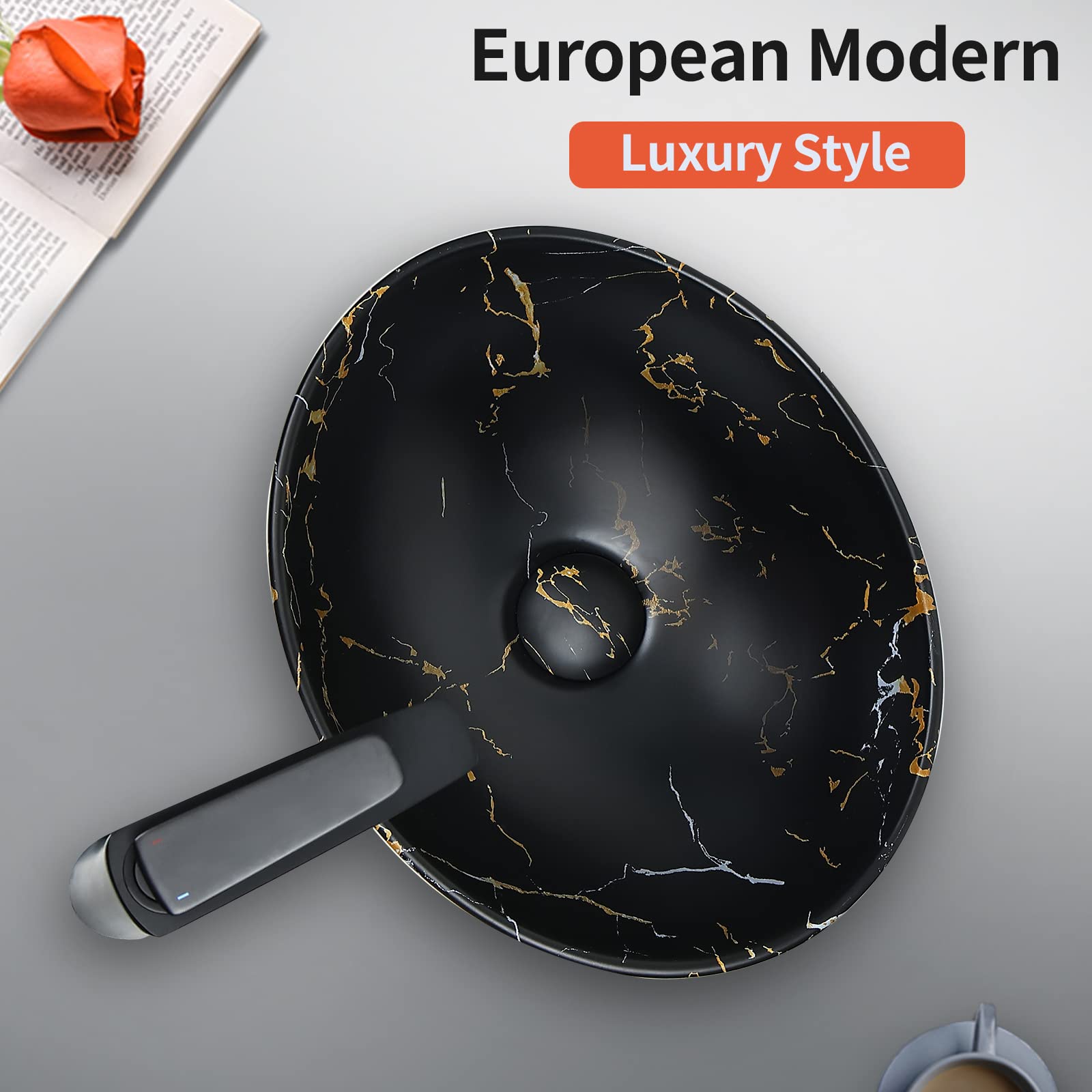 Fregadero ovalado negro mate de 16 x 13.2 pulgadas con drenaje desplegable, fregaderos de baño, lavabos de baño sobre encimera, fregadero de cerámica para encimera, fregadero, cuencos negros 9