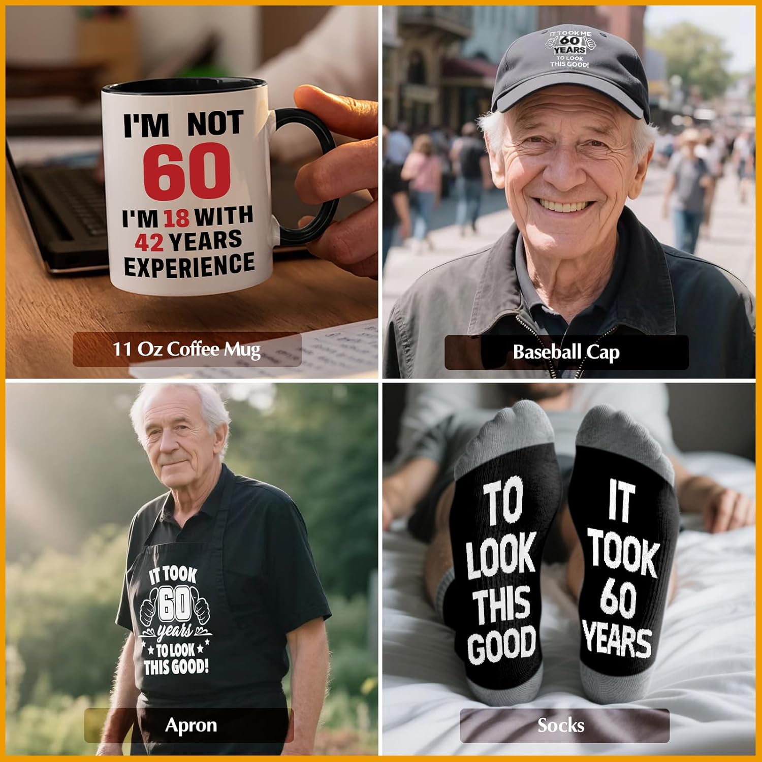 60th Birthday Gifts for Men Coffee Mug Set, 60th Birthday Party Supplies, Turning 60 Gift with 11 Oz Ceramic Cup Baseball Cap Apron Sock Bracelet Toilet Paper Keychain for Him, Dad, Husband, Friends - Image 5