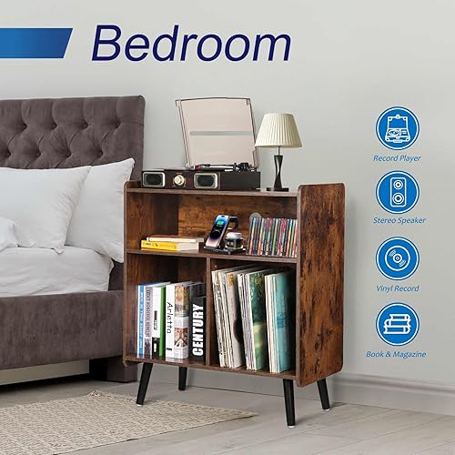 Miniatura 5 de Soporte para tocadiscos vintage de 3 niveles, mesa de gabinete de almacenamiento de discos de vinilo de mediados de siglo con capacidad para hasta