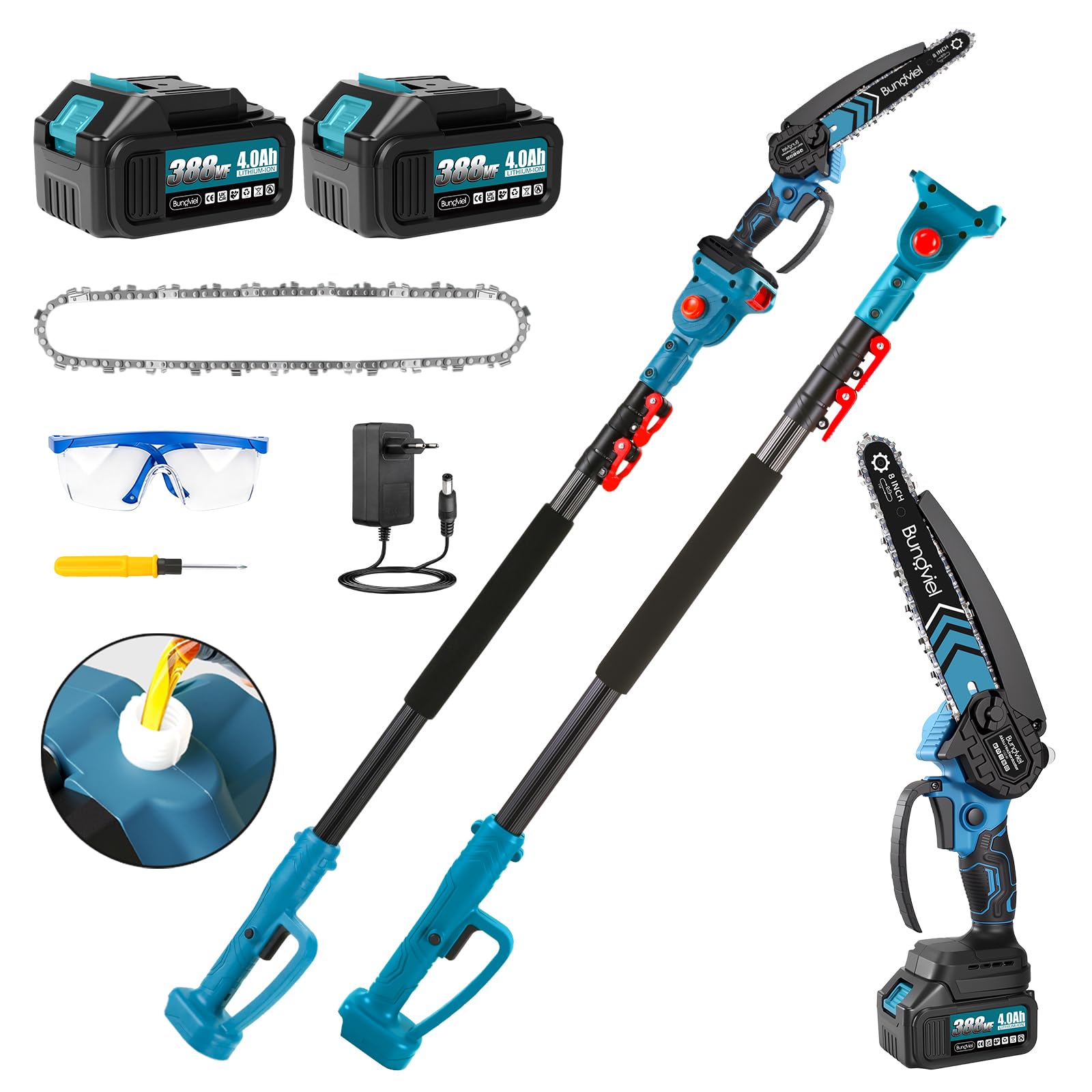 2-in-1 Akku Kettensäge Teleskop Astsäge Elektro Kettensäge Kompatibel mit Makita Akku, 8 Zoll Bürstenlos Mini Astsäge Akku, 2x4000mAh Batterien, 4,6m Arbeitshöhe, Öltank für Garten Baumschnitt