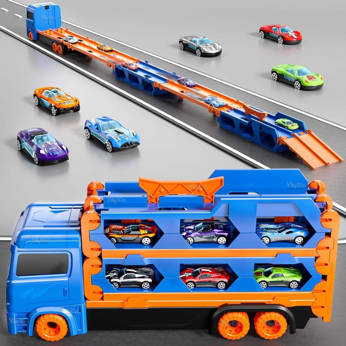 Vikrida Big Hauler Storage & Deform Transport Truck Toy with 2 Foldable Ejection Race Track & 2 Pcs Die cast Cars for Kids – Blue Color Toy Review India (Iknoor World )