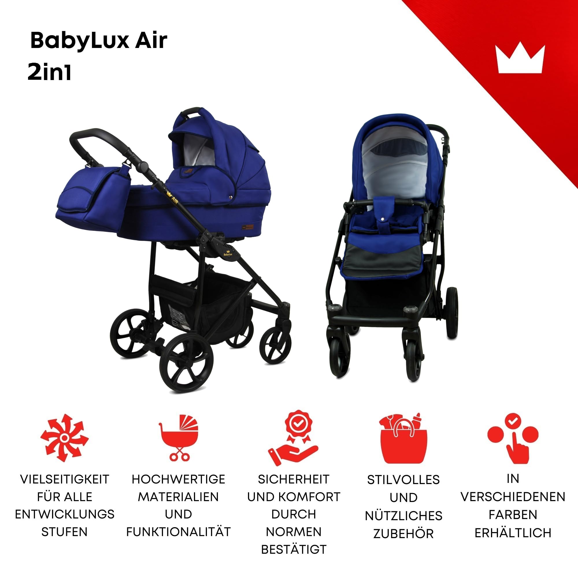 BabyLux® Zestaw wózków dziecięcych 2 w 1 – Air – Sailor Blue – w zestawie wanienka dla niemowląt, fotelik sportowy Buggy – wózek dziecięcy kombi z torbą do przewijania, ochroną przed deszczem