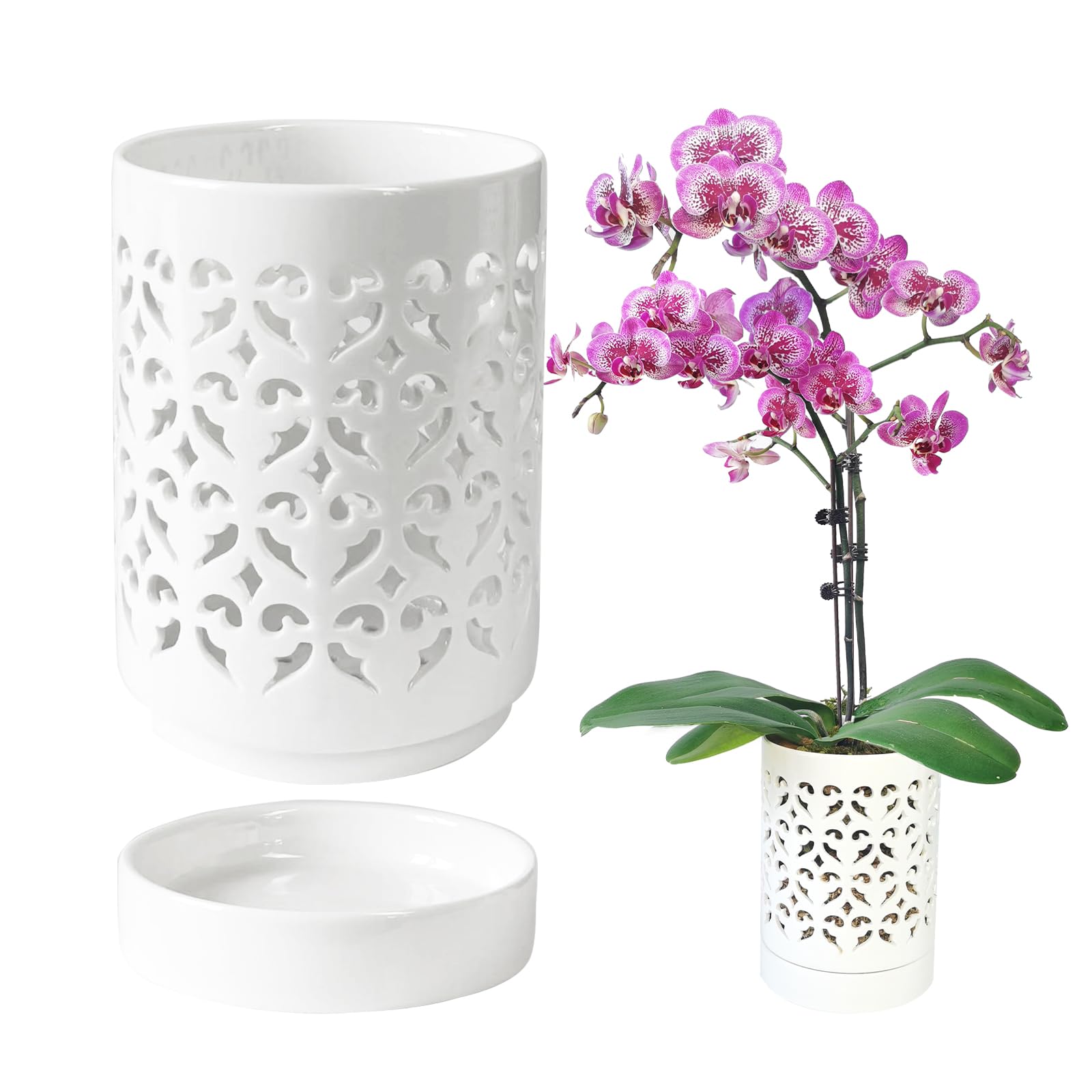 pavtner Orchid Pots with Holes,4 Inch Ceramic Orchid Pot for Repotting, Flower Planter Pot Indoor Outdoor, Breathable Slotted Orchids Planter White