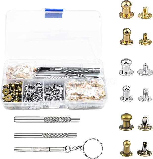 ANOTHEEE 60 Pcs 5mm Leather Rivets Have Fine Workmanship, Brass Rivet Screw Nail Rivet Comes with a Fixing Tool Kit, Used for Leather Craft Repair Decoration (Silver, Light Gold, Bronze)