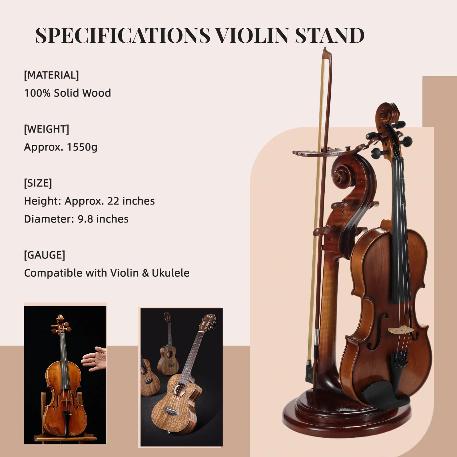 Violinenständer aus Massivholz mit Bogenhalter, keine Montage erforderlich, robustes Display in 4/4-Größe, handgefertigtes Design für Zuhause/Studio/Bühne (rund)