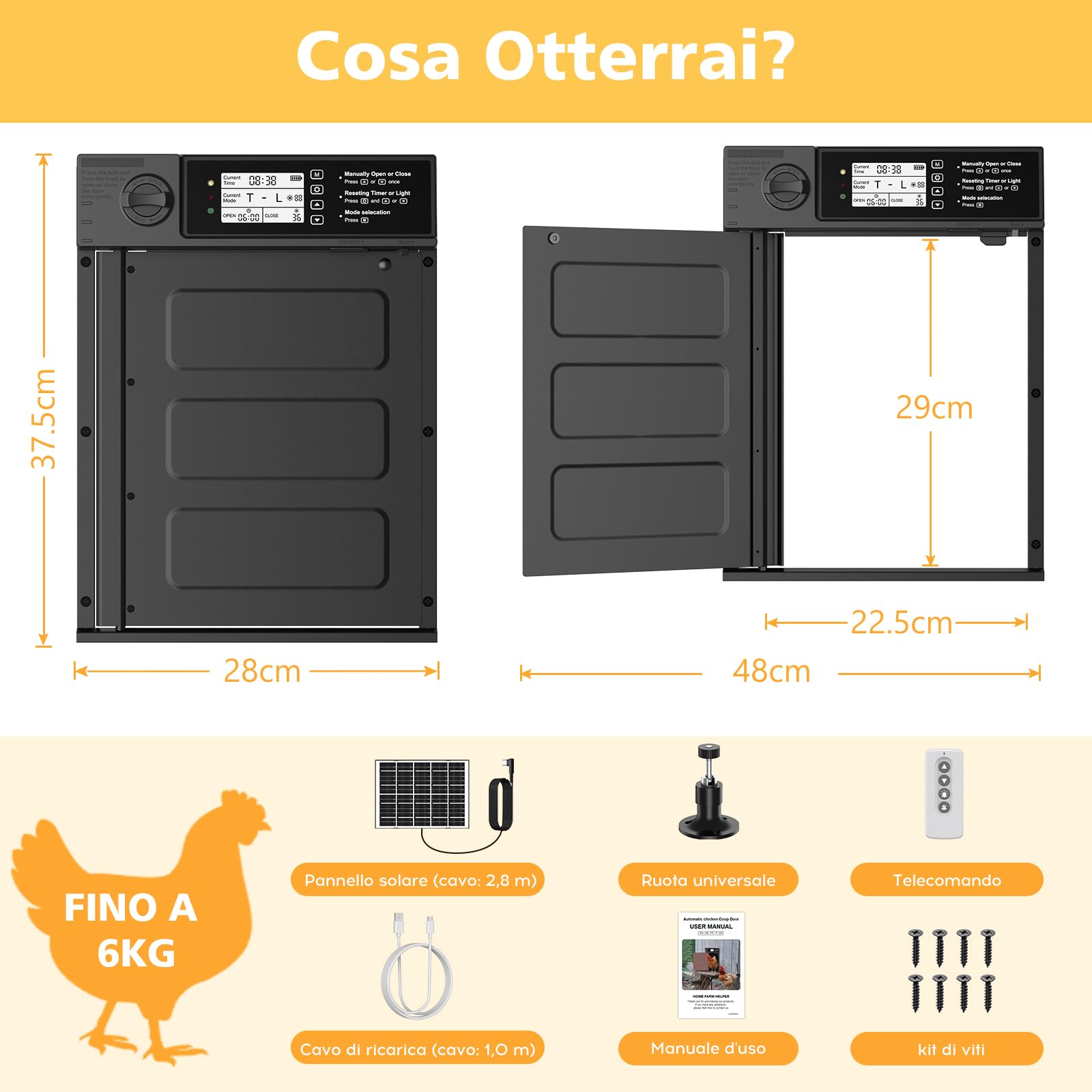 Grande Dimensione Apriporta Automatico per Polli Solare, Apriporta per Polli in Alluminio Apertura Laterale Automatica, Porta Elettrica per Polli con Pannello Solare da 7W, Display LED