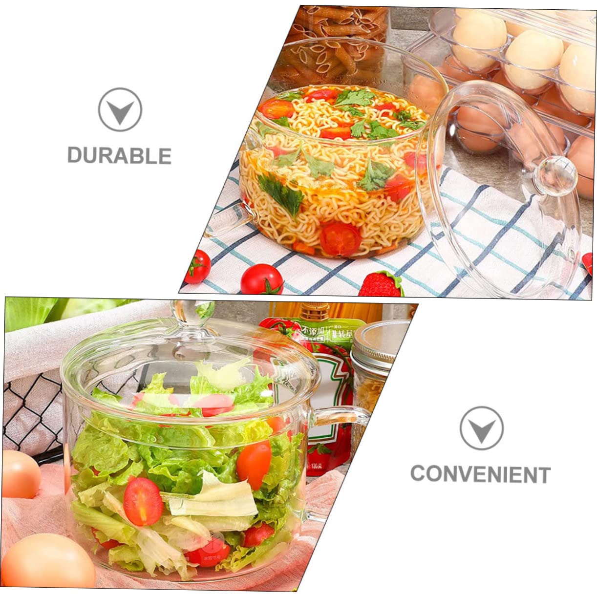Olla de Vidrio para Fideos Tapa y Asa, Gran Capacidad | Vidrio Plata, Calentamiento Seguro, Formato para Noodles y Comida de Ñiño