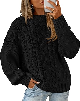 BTFBM Womens Oversized Sweaters 2025 Batwing Long Sleeve Cable Knit Crewneck Pullover Tops Fall Outfits Winter Clothing