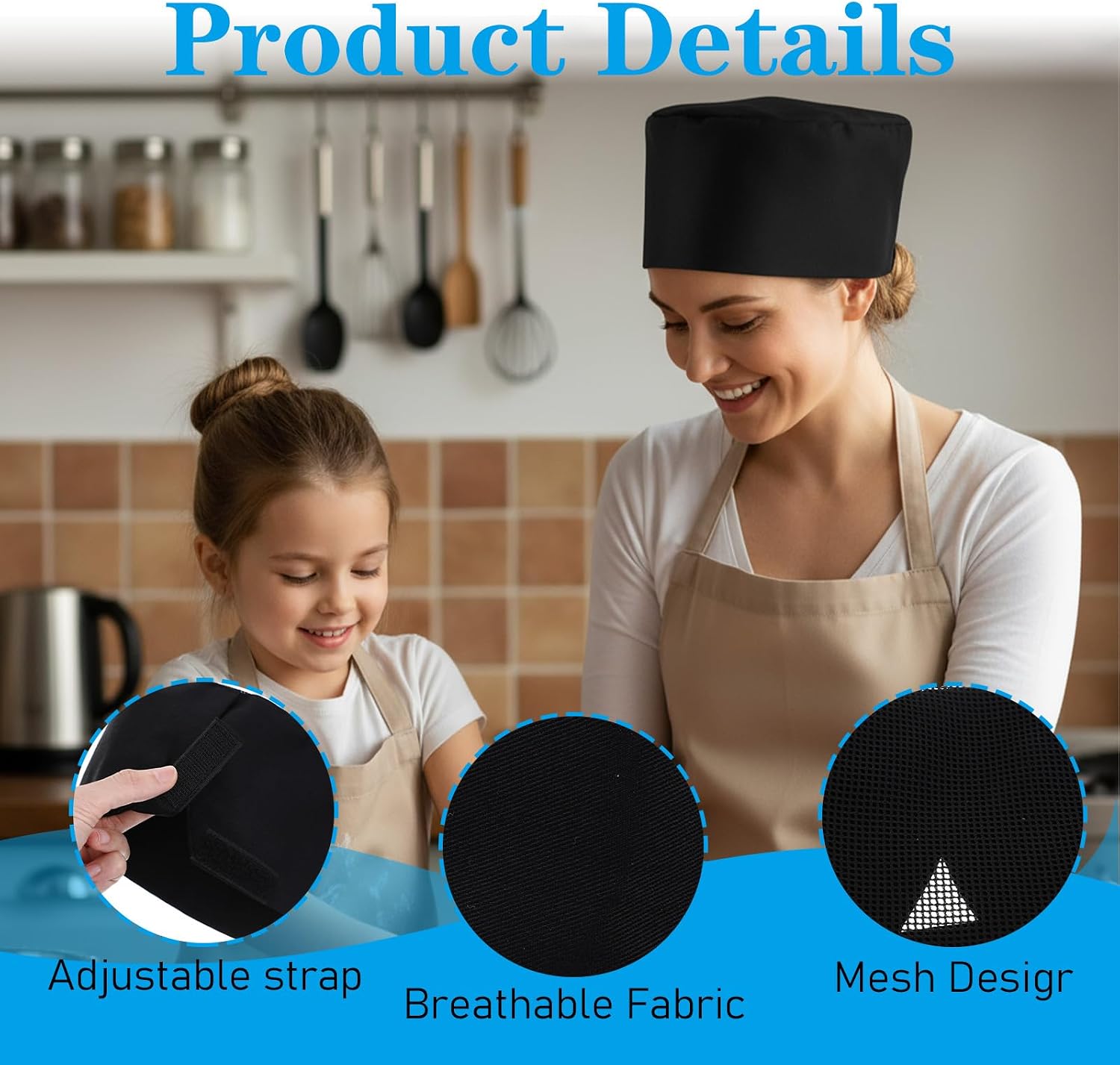 Premium Black Adjustable Extra Large Oval Chef Hat - Breathable Mesh Design for Men & Women, Unisex Cooking & Baking Cap (Head Circumference 22-23.6 Inches)