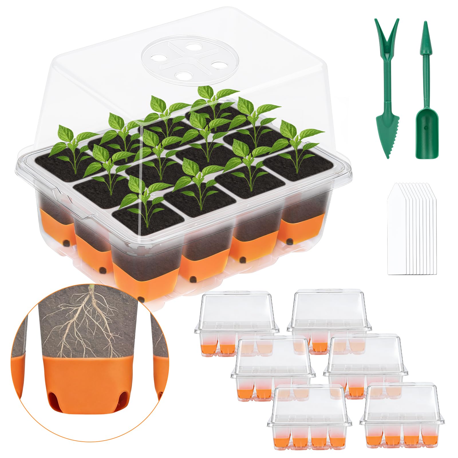 Lychee Silicone seedling trays, 6 per pack, 72 cells, for use in greenhouses and garden propagation chambers, with a high cover and rotatable ventilation ports design (Orange,6Pec)