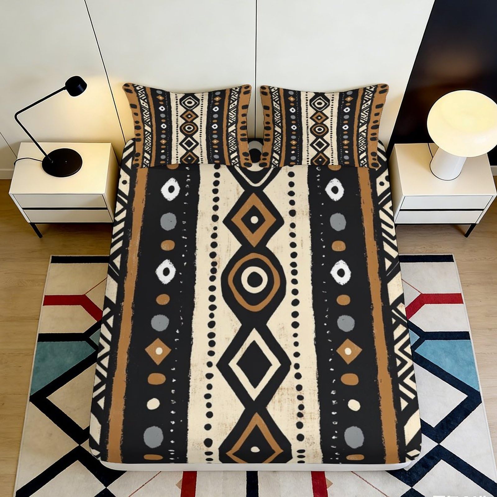 3D Printed Tribal Geometric Fitted Sheet Microfiber Soft Breathable Ethnic Pattern Mattress Cover for Bedroom Dorm Decor 90x200x25cm