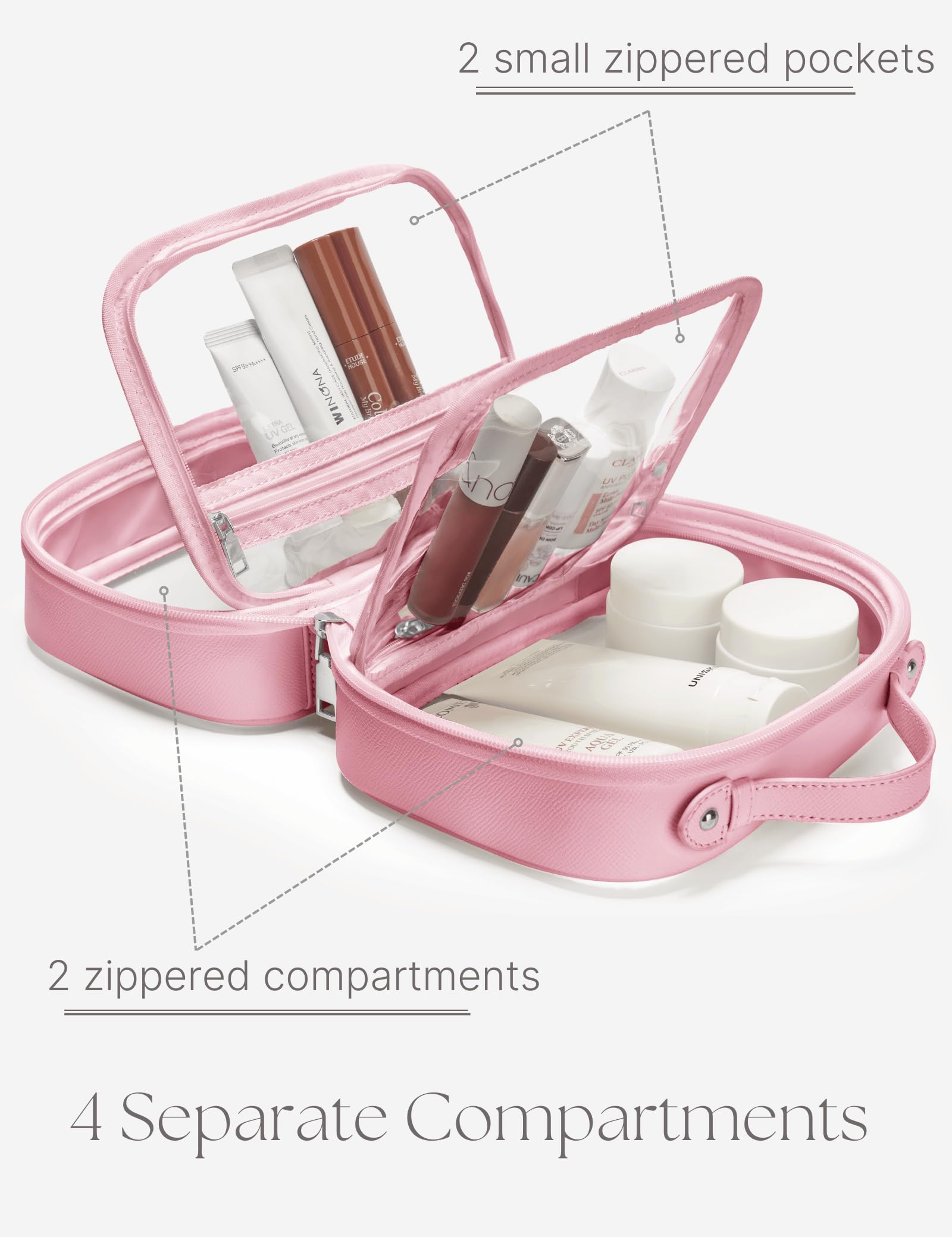 Neceser de viaje transparente de doble capa, bolsa de maquillaje transparente con 4 compartimentos, bolsa de viaje transparente para artículos de tocador, bolsa de aseo grande para mujeres