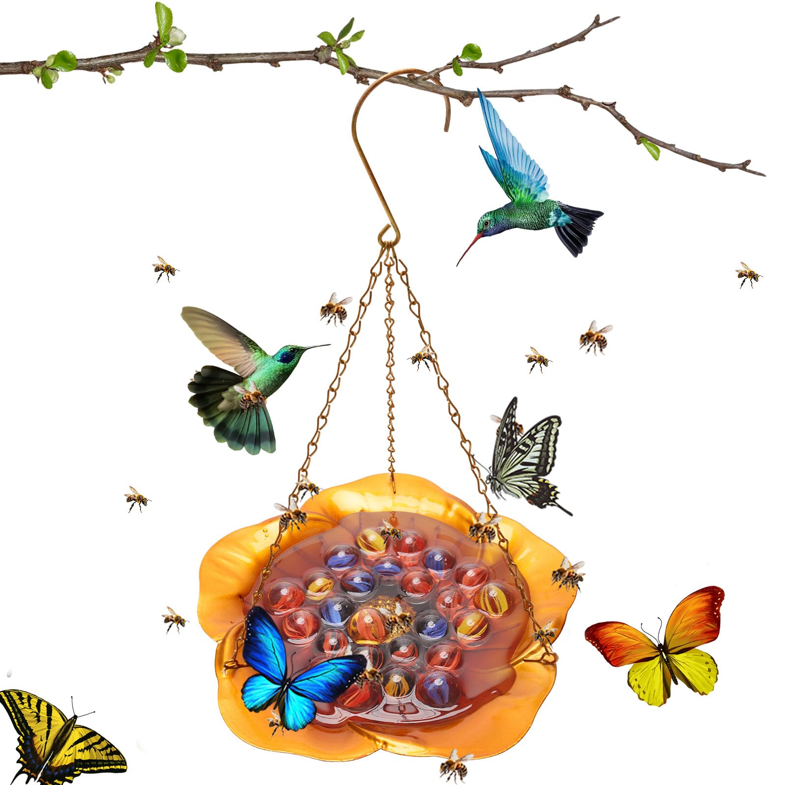 Bee Watering Station, Catcan Bee Feeder with 25 Glass Marbles, Anti Rust Bee Cups Water for Bees Garden, Stable Bee Insect Drinking Cups for Garden(Golden Brown)