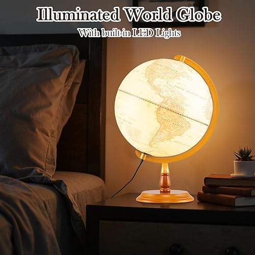 Miniatura 2 de COSTWAY Globo del mundo iluminado de 12 pulgadas, globo educativo de geografía con luz nocturna LED incorporada, soporte de madera, mapa