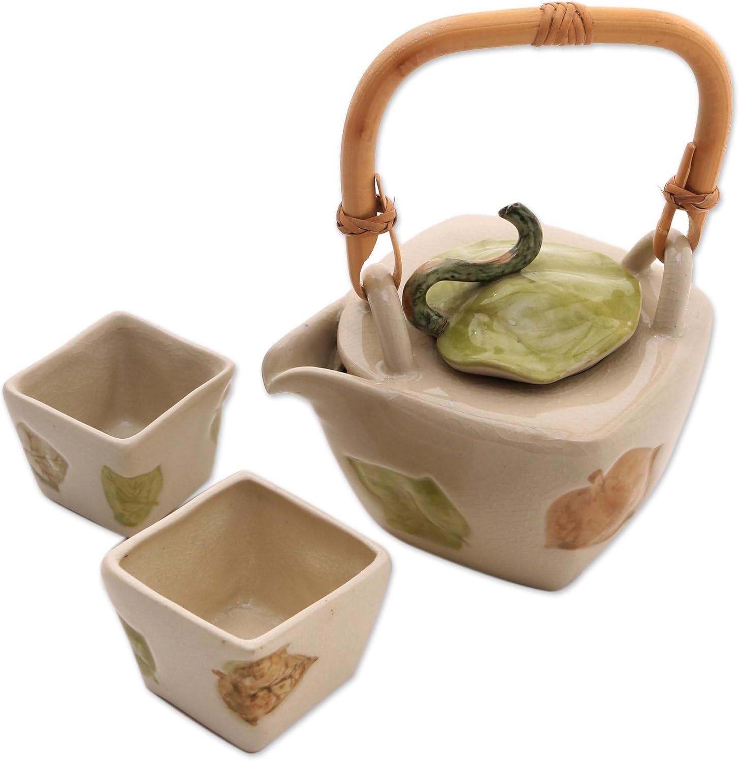 NOVICA Hand Crafted Stoneware Ceramic Tea Set, White, 3 Oz, Hibiscus Leaves' (Set For 2)