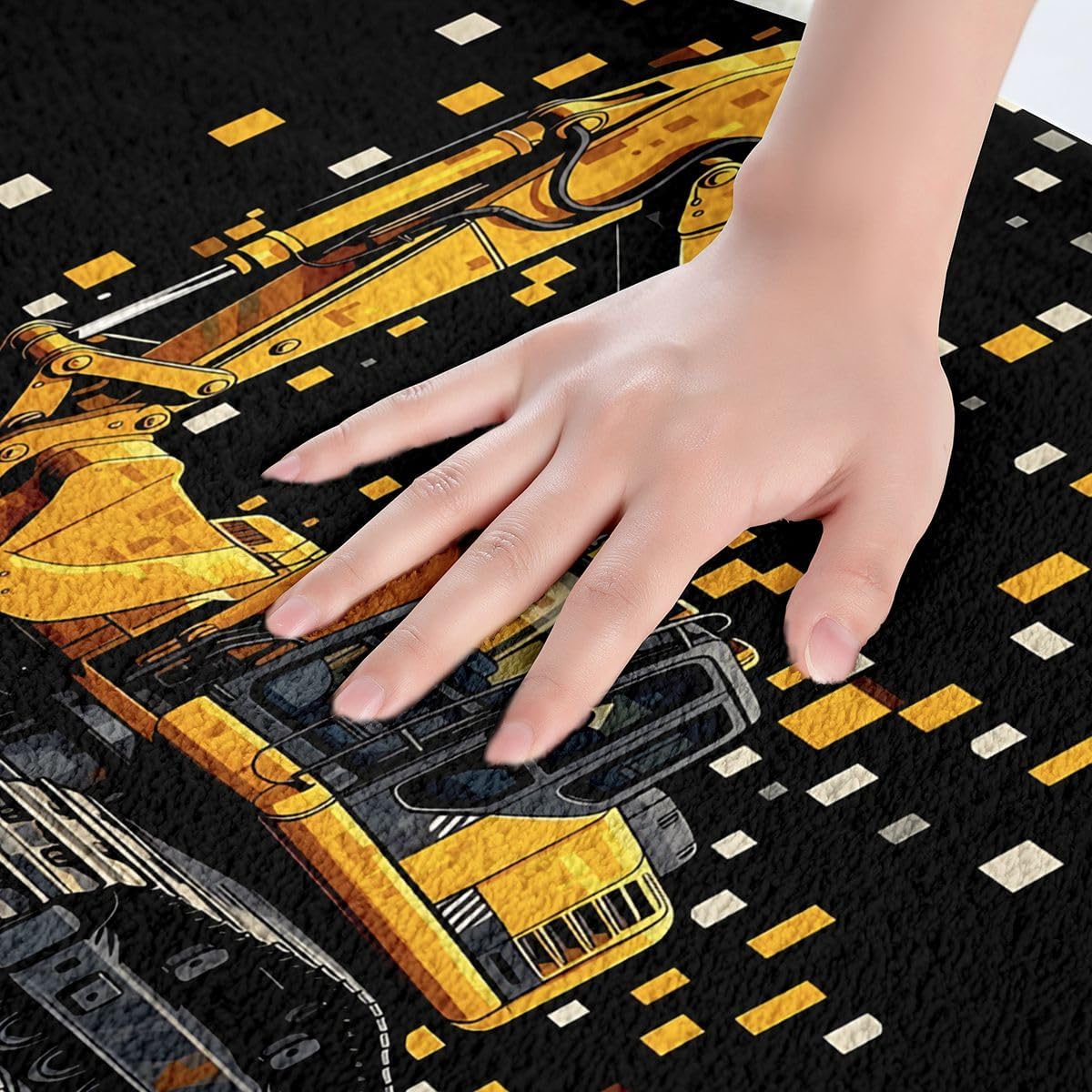 Castle Fairy Excavator Kids Bath Mat,Construction Vehicle Mats Rugs,Girls Boys Room Decor,Abstract Geometric Square Pixel Bathroom Carpets,Black and Yellow Bath Rug,Absorbent Floor Mats,16Wx24L Inches