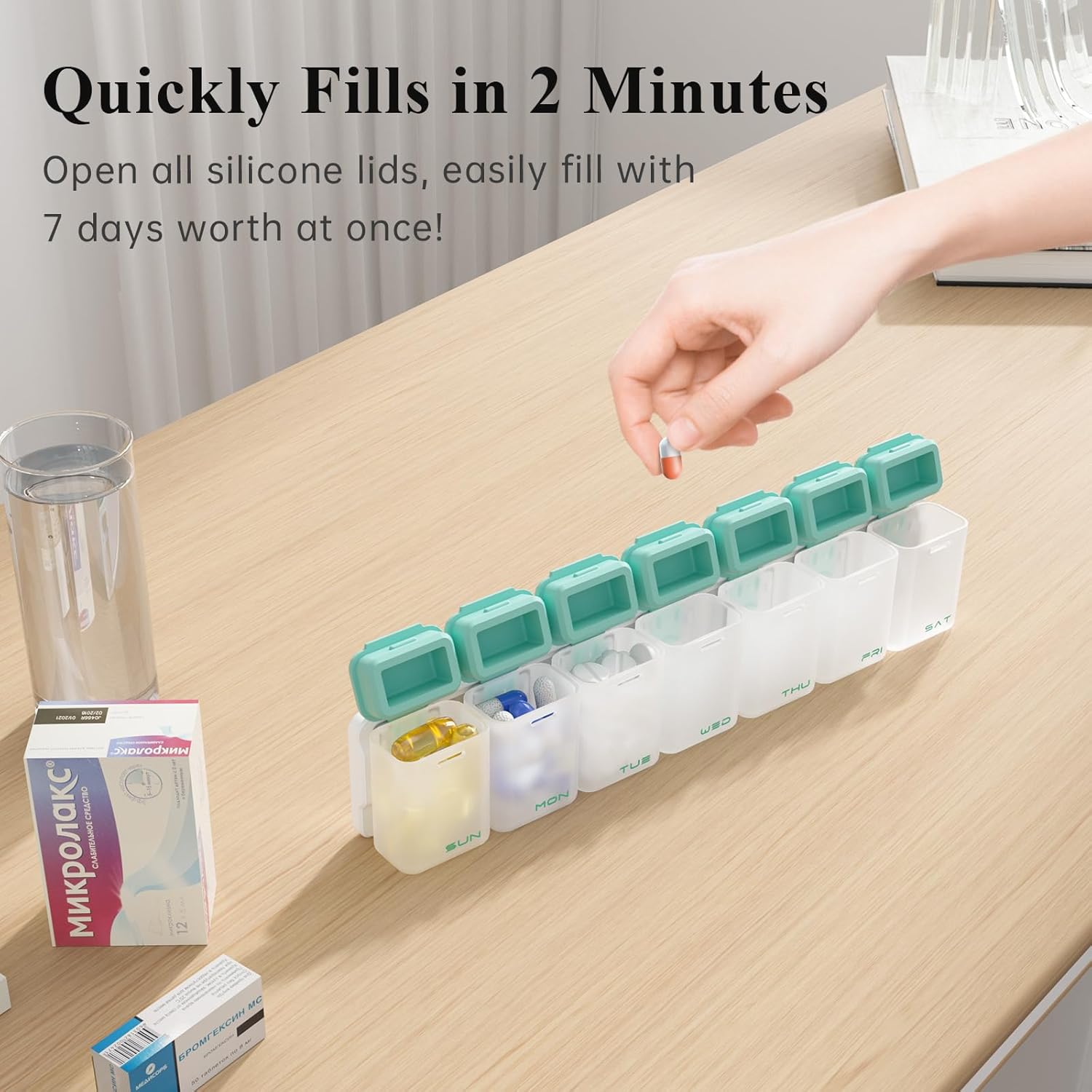 Weekly Pill Organizer Magnetic, Removable Pill Box 7 Day 1 Time a Day, Large Pill Case Travel, Week Once Daily Medication Dispenser, Medicine Container Holder for Supplement Vitamin, Cyan