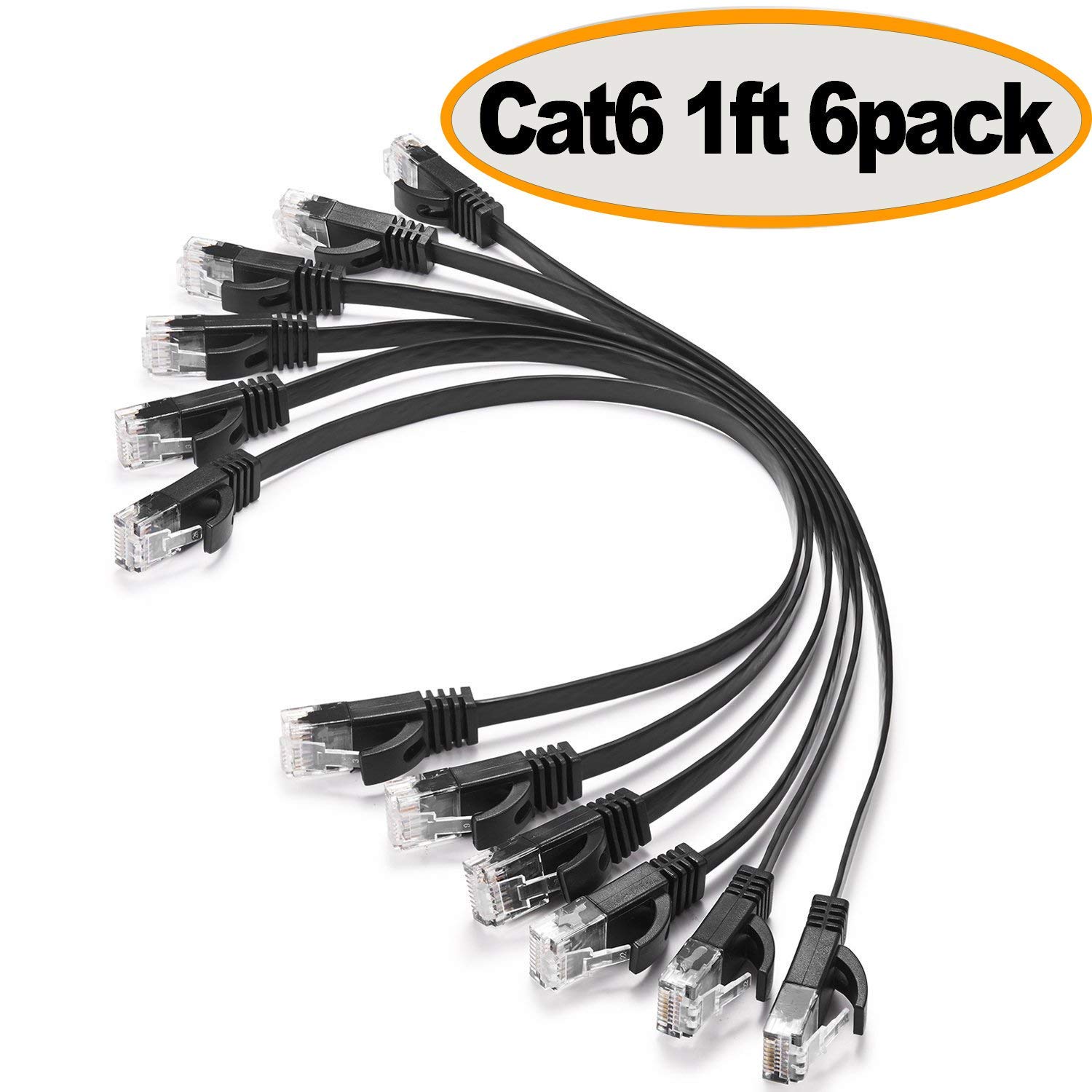 Cat 6 Ethernet Cable 1ft 6Pack, Outdoor&Indoor, 10Gbps Support Cat 8 Cat 7 Network, Heavy Duty Internet LAN Patch Cord, Solid High Speed Weatherproof Cable for Router, Modem, Xbox, PS4, Switch, Black